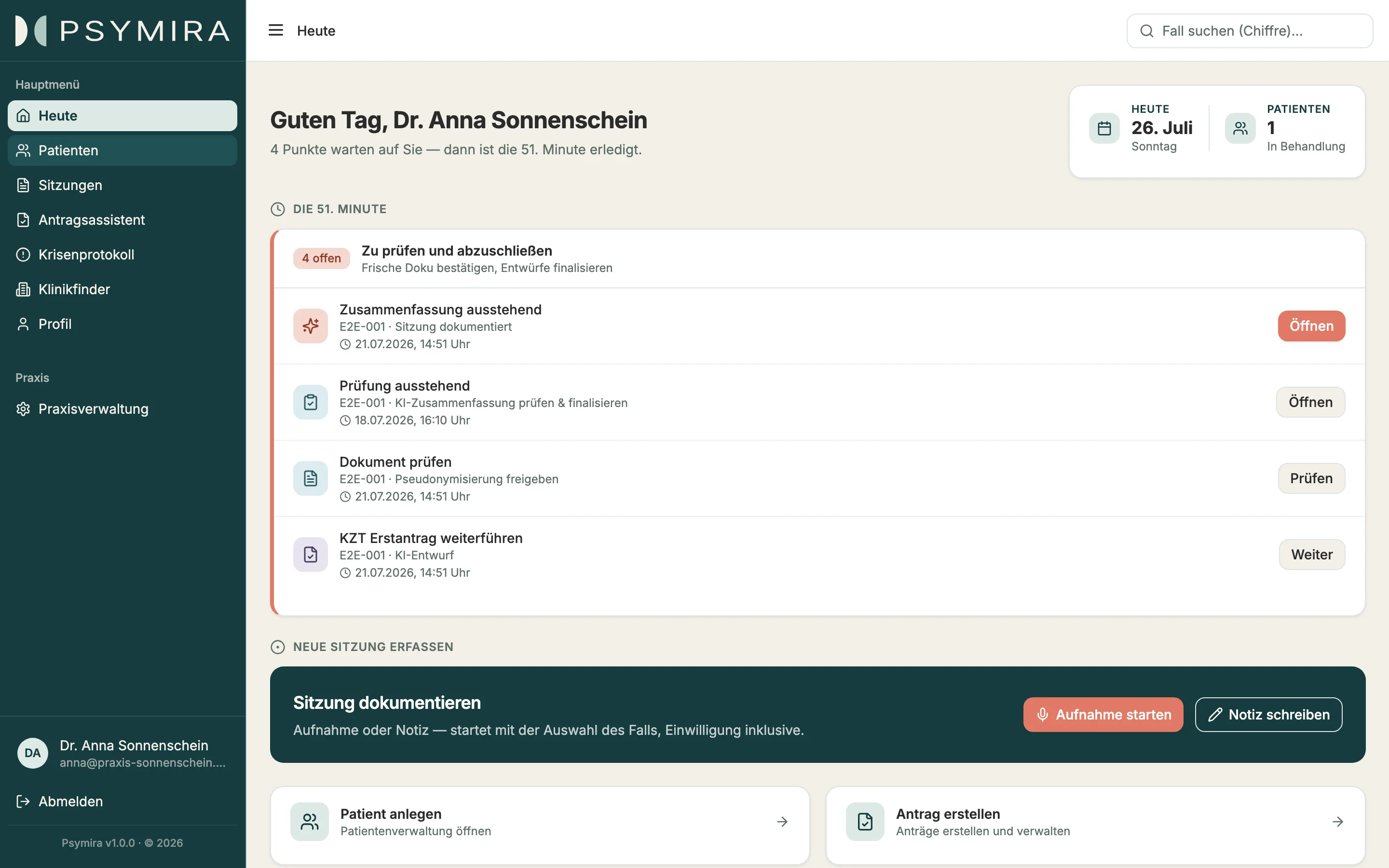 Psymira-Dashboard mit Aufgaben und Praxisübersicht