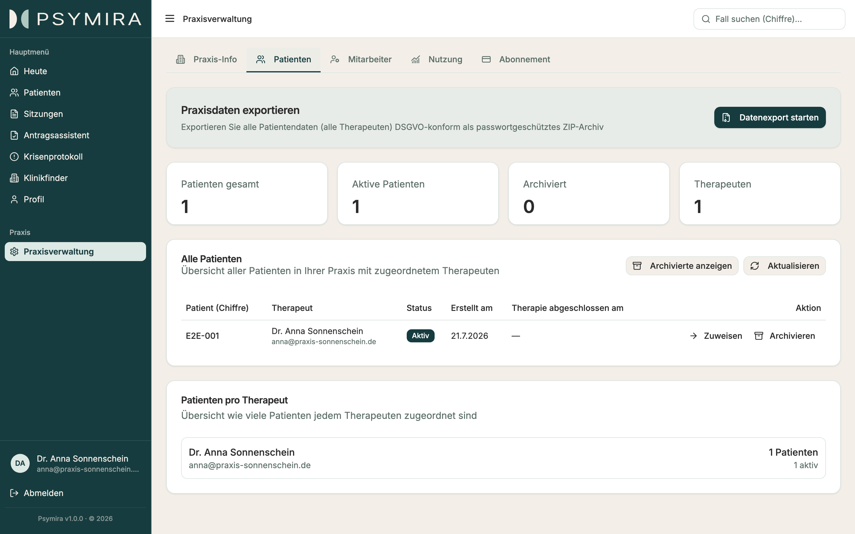 Psymira-Praxisverwaltung mit Patientenübersicht, Nutzung und Abonnement