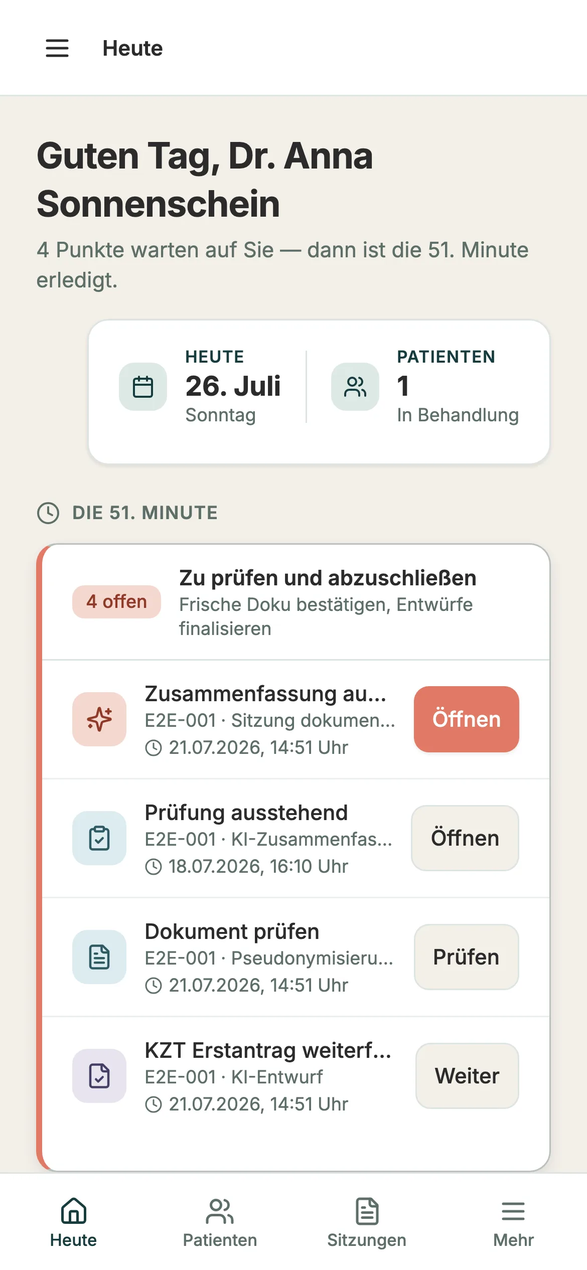 Mobile Psymira-Dashboardansicht mit Aufgaben und Patientenübersicht